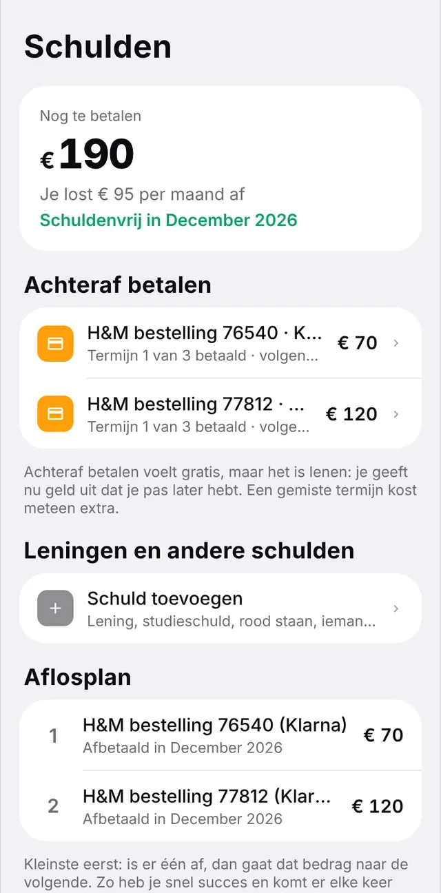 Overzicht van schulden en betalingen achteraf, met een aflosplan