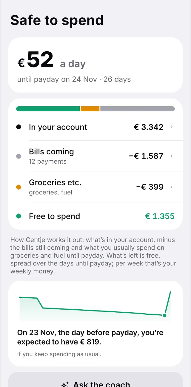 The Safe to spend screen: balance minus bills still to come and groceries