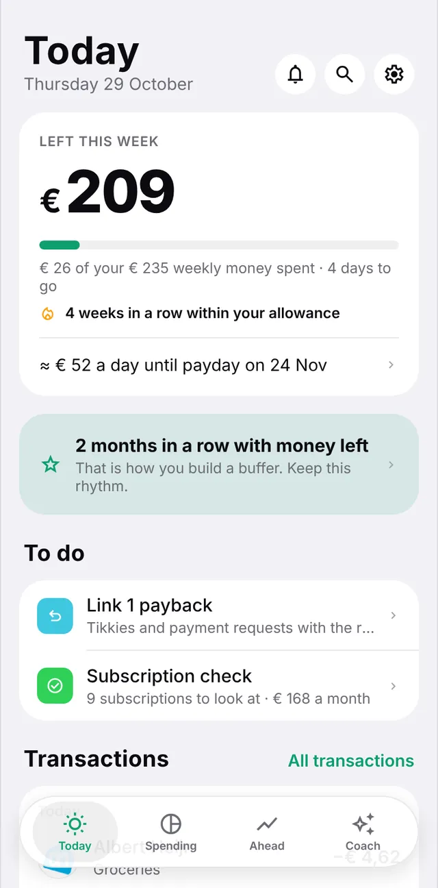 Centje on an iPhone: the weekly allowance on the Today screen